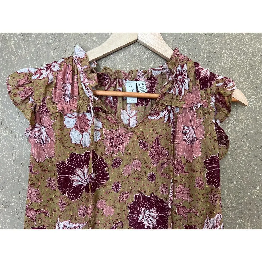Joie Floral Ruffle Sleeve Blouse Textured Chiffon Boho Brown Pink White Size XS